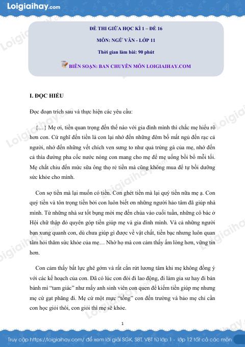Đề kiểm tra giữa kì 1 Ngữ văn 11 - Đề số 16 có lời giải chi tiết